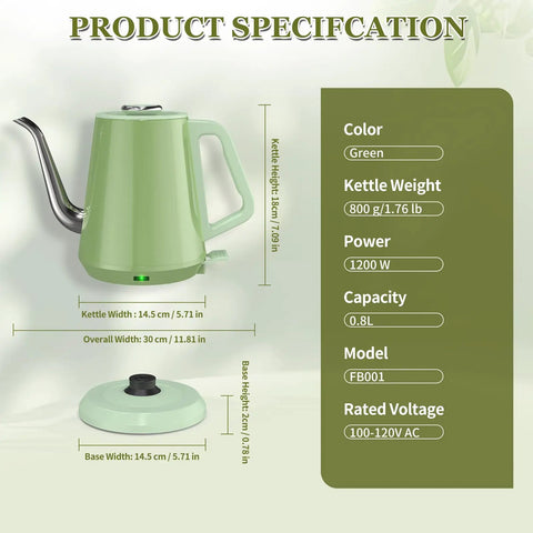 Gooseneck Electric Kettle 0.8L With 1200W Quick Boil, Stainless Steel, Green, Precision Pour Kettle, Product Specifications Display