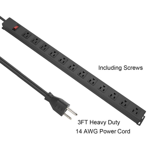 Wall Mount Power Strip With Twelve Wide Spaced Outlets, Aluminum Alloy Mount Socket With Switch, 3 Ft Cord