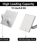 Heavy Duty Self Adhesive Hooks No Drill Wall Hangers Stick On Stainless Steel Holders, focus on 6mm hook and 3M glue, silver.