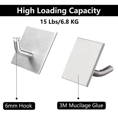 Heavy Duty Self Adhesive Hooks No Drill Wall Hangers Stick On Stainless Steel Holders, focus on 6mm hook and 3M glue, silver.