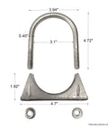 Universal Heavy Duty 3 Inch Exhaust U Bolt Clamp Stainless Steel Saddle Design With Beefed Up Ribs For Beefed Up Mounts On 3 Inch OD Exhaust Piping Ideal For Trucks Vans And SUVs, dimensions shown