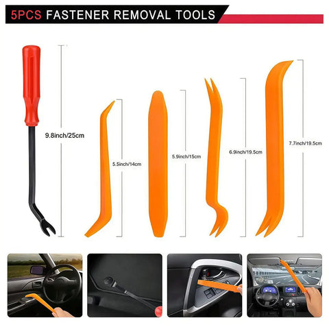 Get Your Ride Looking Fresh With These Tough Multi-Size Bumper Retainer Clips Perfect For Subaru Legacy Plus Body Panel Repairs Featuring Nylon Flex Design And Included Removal Tool For Quick Easy Installation And Secure Holding Power. 5-piece fastener removal tool set, orange nylon trim tools with red handle.