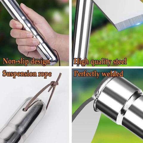 Heavy Duty 2 In 1 Garden Hoe Shovel And Pickaxe with stainless handle and heat-treated steel head, detailing non-slip grip and welds.