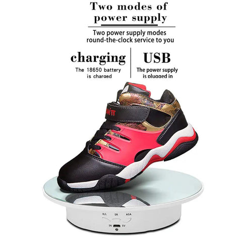 Qinmay 360 Degree Electric Rotating Turntable Display Stand showcasing a shoe on a white mirror surface, 7.8 inch, heavy duty.