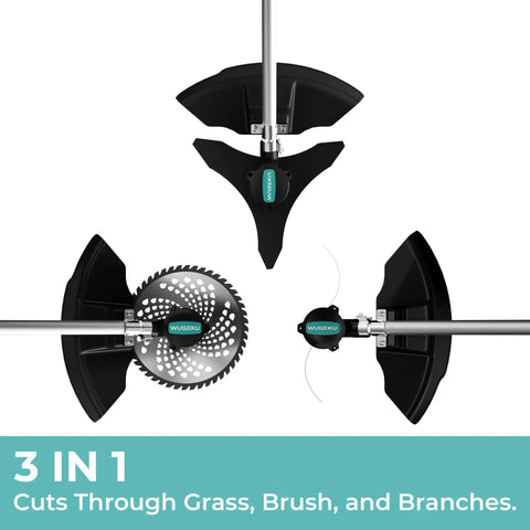 40V Cordless Brushless String Trimmer Kit With 14 Inch Cut Dual Line Bump Feed Includes Two 4Ah Batteries Compatible With Makita 18V LXT Tools Dual Charger Weed Wacker For Thick Brush And Dense Weeds In Large Yards shown with 3 cutting blades for grass, brush, and branches.
