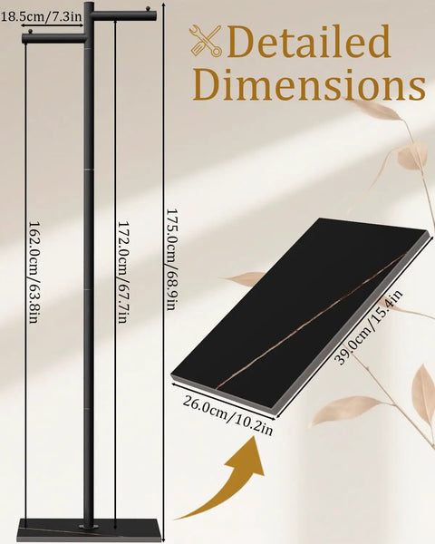Detailed dimensions of Freestanding Metal Coat Rack With Z Shaped Design, 175cm Tall Black Garment Tree On Heavy Rock Base.