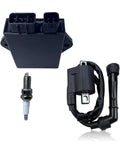Must Have All In One Ignition Coil CDI Box And Spark Plug Set For ATV Yamaha Big Bear 350 1996 1999 Replacement Parts Includes Coil CDI Unit And Spark Plug For Wolverine 350 Timberwolf 350 Kodiak 400 UTV Models showing ignition components on white background