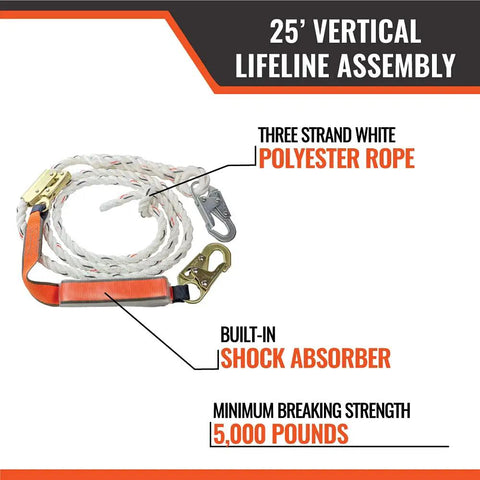 25 ft Vertical Lifeline Assembly for Fall Protection Lanyard and Fall Arrest System with Shock Absorber, Built Tough Heavy Duty Safety Rope for Worksite and Construction, OSHA and ANSI Approved