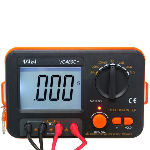 Front view of VC480C Pro-Grade Ultra-Precise Milliohm Meter With 4-Wire Kelvin Clips, large backlit LCD, and adjustment knobs.
