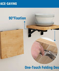 Built To Survive Anything These Hella Tough 8 Inch Folding Shelf Brackets show 90° fixation with wooden top and plates in use.