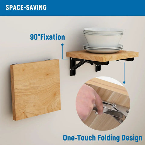 Built To Survive Anything These Hella Tough 8 Inch Folding Shelf Brackets show 90° fixation with wooden top and plates in use.