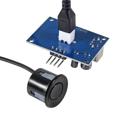 Two Pack Waterproof Ultrasonic Distance Sensor Module V3.0 For Arduino 21 To 600 Cm 3mm High Precision Sealed Waterproof Probe For Outdoor Use Great For Car Reversing Security Systems And Industrial Projects shown with electronic board and probe