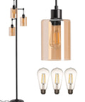 Industrial Floor Lamp With Amber Glass Shades Three Head Tree Design Tall Black Pole Lamp For Living Room Office And Bedroom Includes Three LED Bulbs And 2700K Soft Light