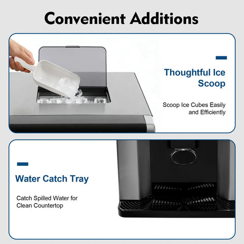 Dead Simple Two In One Countertop Ice Maker And Water Chiller Station For Home Bars showing handy ice scoop and water catch tray.