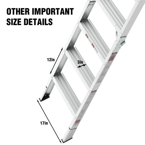 Beefy Heavy Duty Aluminum Attic Ladder 25 By 54 Inch With 375 Pound Capacity Pull Down Access For Ceilings Ranging From 7 Ft 8 In To 10 Ft 3 In Easy Install Durable Construction For Safe Home Storage, aluminum ladder side view with 12in, 3in, 17in size details