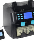 Heavy Duty Money Counter Machine With No Sweat Fake Bill Scanner And Dual Bin Sorter For Mixed Cash Bills And Multi Currency Support Black Digital Verifier Device showing money counter with digital display and cash.
