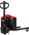 Massive 4400 Lb Electric Pallet Jack Truck With Lithium Battery And 48 Inch Forks For Heavy Material Handling In Warehouses And Supermarkets Plus Easy Ramp Climbing Power, side view showing handle and fork.