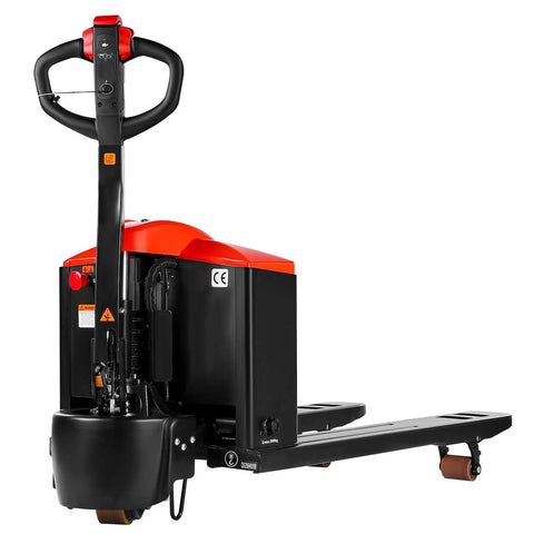 Massive 4400 Lb Electric Pallet Jack Truck With Lithium Battery And 48 Inch Forks For Heavy Material Handling In Warehouses And Supermarkets Plus Easy Ramp Climbing Power, side view showing handle and fork.
