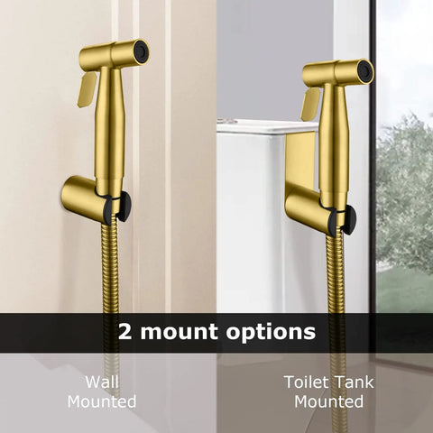 Half Inch NPT Stainless Steel Bidet Sprayer Kit For Toilet, Brushed Gold Handheld Shattaf Attachment, Wall and Tank Mounted Options