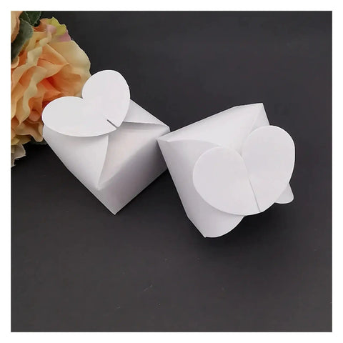 Colorful Love Heart Candy Gift Box Set Of 50, Perfect For Wedding Favors, sturdy cardboard, flat foldable design shown closed with flower