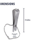 Close-up of 2-inch stainless steel fishing line nipper cutter with keychain for fly fishing, shown with dimensions