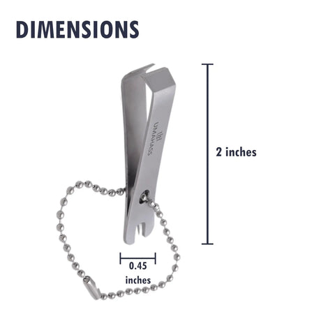 Close-up of 2-inch stainless steel fishing line nipper cutter with keychain for fly fishing, shown with dimensions