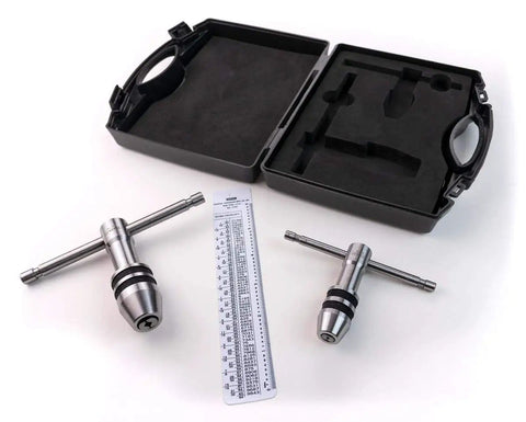 Two Piece Tap Wrench Set With Sliding T Handle And Reference Table For Zero To One Half Inch Taps Ideal For Precise Threading And Straight Holes