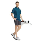 Man wearing Mens Golf Polo Shirt Short Sleeve Dry Fit Moisture Wicking Performance Print with Breathable Four Way Stretch, holding golf bag