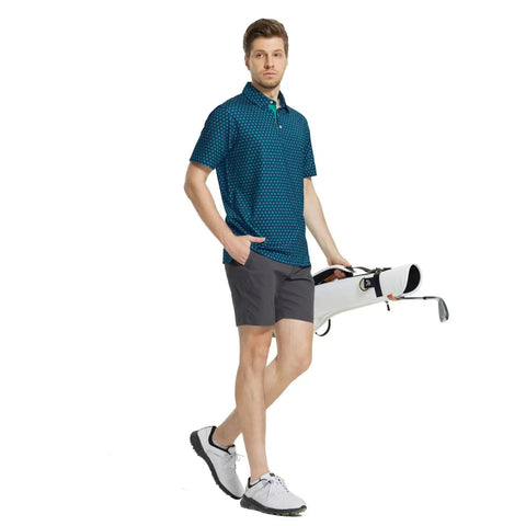 Man wearing Mens Golf Polo Shirt Short Sleeve Dry Fit Moisture Wicking Performance Print with Breathable Four Way Stretch, holding golf bag
