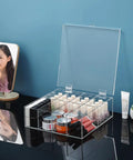 16 Pack Clear Self Adhesive Plastic Hinges With Heavy Duty Grip For Seamless Plexiglass And Acrylic Projects Featuring Easy Peasy Install And Slick Folding Action Perfect For Aquarium Lids Cabinet Makeovers And Furniture Tweaks on a transparent container holding cosmetics.
