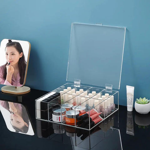 16 Pack Clear Self Adhesive Plastic Hinges With Heavy Duty Grip For Seamless Plexiglass And Acrylic Projects Featuring Easy Peasy Install And Slick Folding Action Perfect For Aquarium Lids Cabinet Makeovers And Furniture Tweaks on a transparent container holding cosmetics.