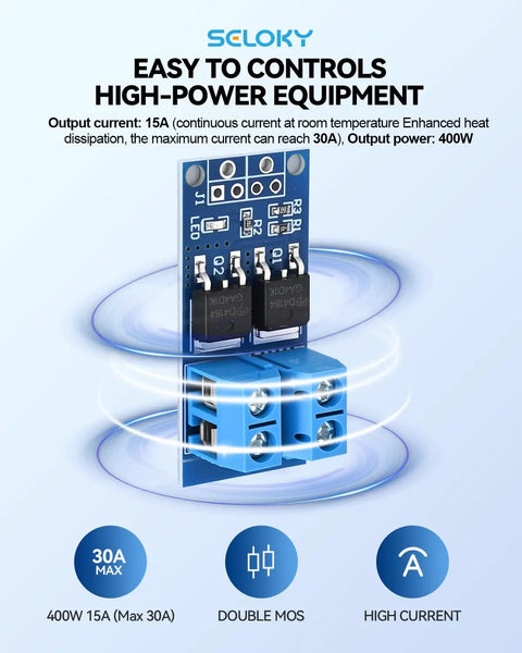 Six Piece Dual High Power MOSFET Trigger Switch Drive Module Kit With 0-20KHz PWM Adjustment, shown in blue with control specs.