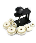 Heavy Duty Watch Back Cover Press Machine Including 12 Precision Plates for case capping, featuring black metal press, white adapter plates.