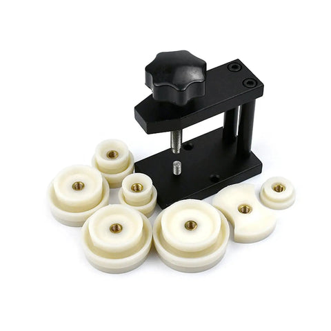 Heavy Duty Watch Back Cover Press Machine Including 12 Precision Plates for case capping, featuring black metal press, white adapter plates.