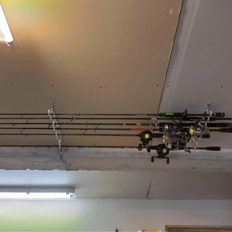 8 Rod Ceiling Rack For Fishing Poles Aluminum Alloy Holder Organizer For Garage Cabin Basement Overhead Storage And Quick Access Built Tough For Easy Grab installed on ceiling with fishing rods.