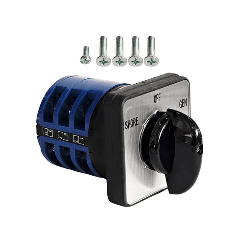30 Amp RV Transfer Switch With 3 Position Shore Off Gen Rotary Selector for Safe Power Switching with visible screws