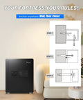 2.0 Cub Safe Box With Backlit Touch Screen Keypad, shown with installation steps for wall, floor, or closet anchoring