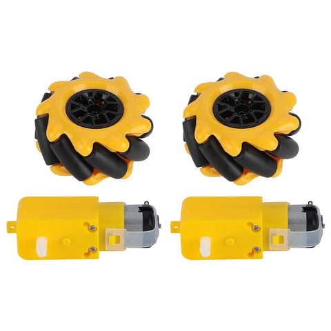 Front view of a two-wheel mecanum wheel set: yellow rubber-coated wheels with black rollers and two yellow geared motors.