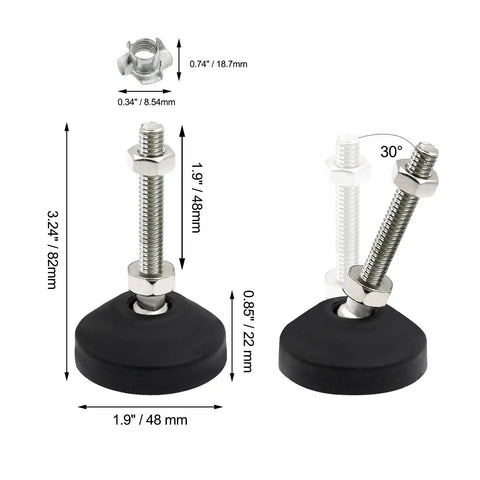 Set Of Four Swivel Furniture Leg Levelers With Adjustable Glide Feet For Tables, Chairs, Cabinets, Workbenches, And Shelving Racks - Easy Install, No Wobble, 1.9 Inch Base Diameter, M8 Thread Size, 1.9 Inch Thread Length, Includes T Nuts