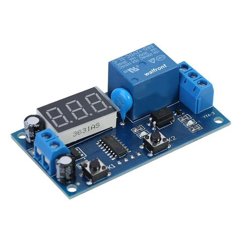 12V DC Infinite Cycle Delay Timer Relay with LED display, on-off switch module for DIY projects, high precision MCU timing.