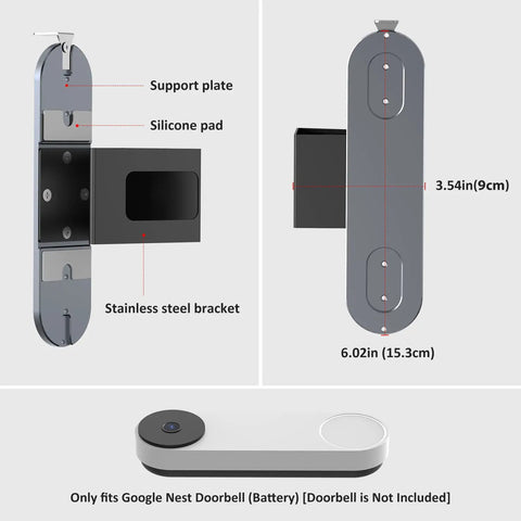 Dimensions and design of Anti Theft Doorbell Mount Clamp On Side Of Door For Easy Install No Drill Required Secure Dark Gray Mount
