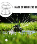 Heavy Duty Stainless Steel Sprinkler Head Protectors, showing a stainless steel cage over water sprinkler in grass.