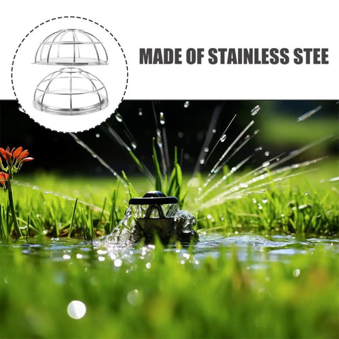 Heavy Duty Stainless Steel Sprinkler Head Protectors, showing a stainless steel cage over water sprinkler in grass.