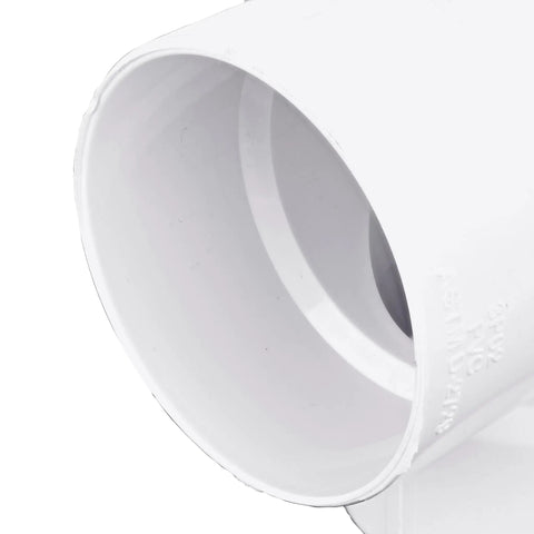 PVC 3-Inch 90-Degree Elbow Fitting Hub To Hub Solvent Weld Connector For Sewer And Drain Pipes, close-up of white plastic drainage elbow