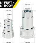 Front view of chrome hydraulic quick-connect couplers (pair), 3/8 FNPT x 3/8 body, with dust cap