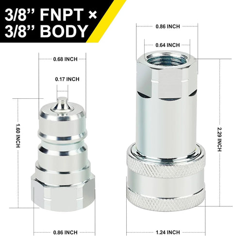 Front view of chrome hydraulic quick-connect couplers (pair), 3/8 FNPT x 3/8 body, with dust cap