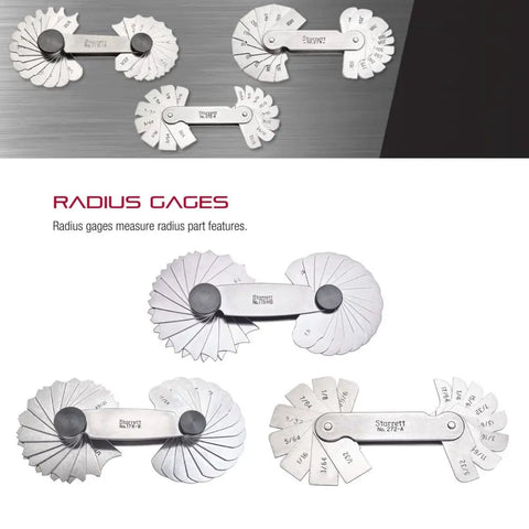 Radius Gauge Set With 110 Holder, Stainless Steel, 22 Gauges Spanning 0.5-7mm And 8-15mm Radius, arranged on table