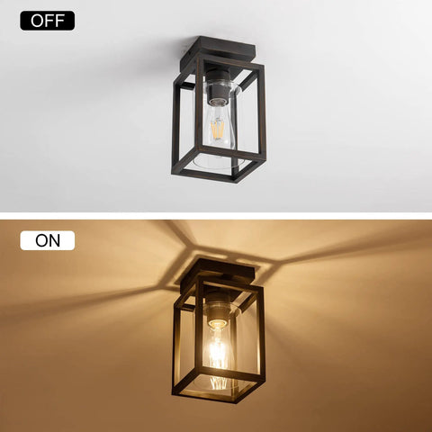 Semi Flush Mount Ceiling Light With Bronze Metal Frame And Clear Glass Shade, Farmhouse Style, On and Off View