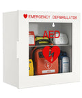 Top Shelf Steel AED Wall Mount Cabinet With Clear Front Panel For Immediate Automated External Defibrillator Access with AEDs visible inside.