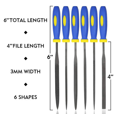 Needle File Set Six Piece Carbon Steel Tools Pro Grade, Hardened Alloy Strength, 6 Inch Total Length with Soft Rubber Grip Handles